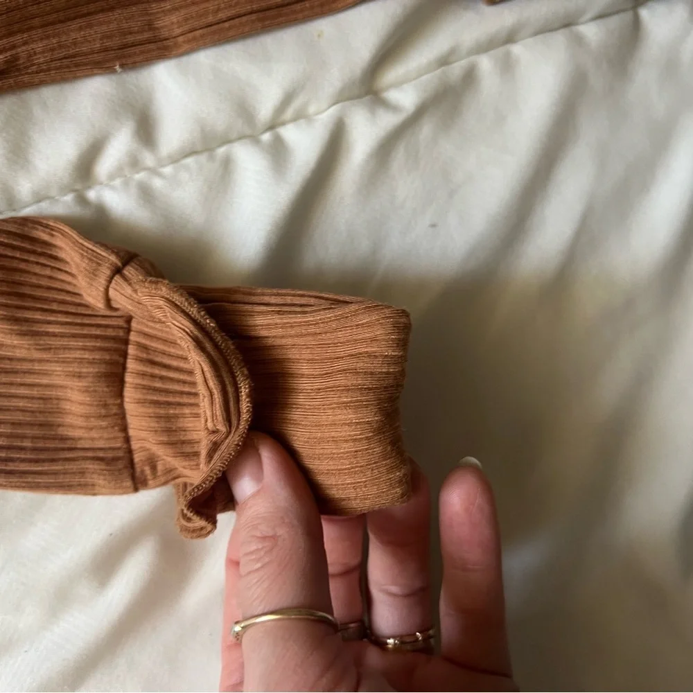 Ribbed Ruffle One-Piece Pajamas - Camel